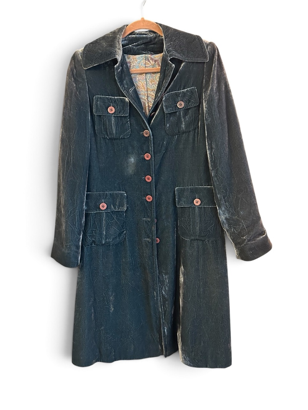 Vintage-Principles UK High Street Fashion Dark Teal Velvet Women's Long Coat 8
